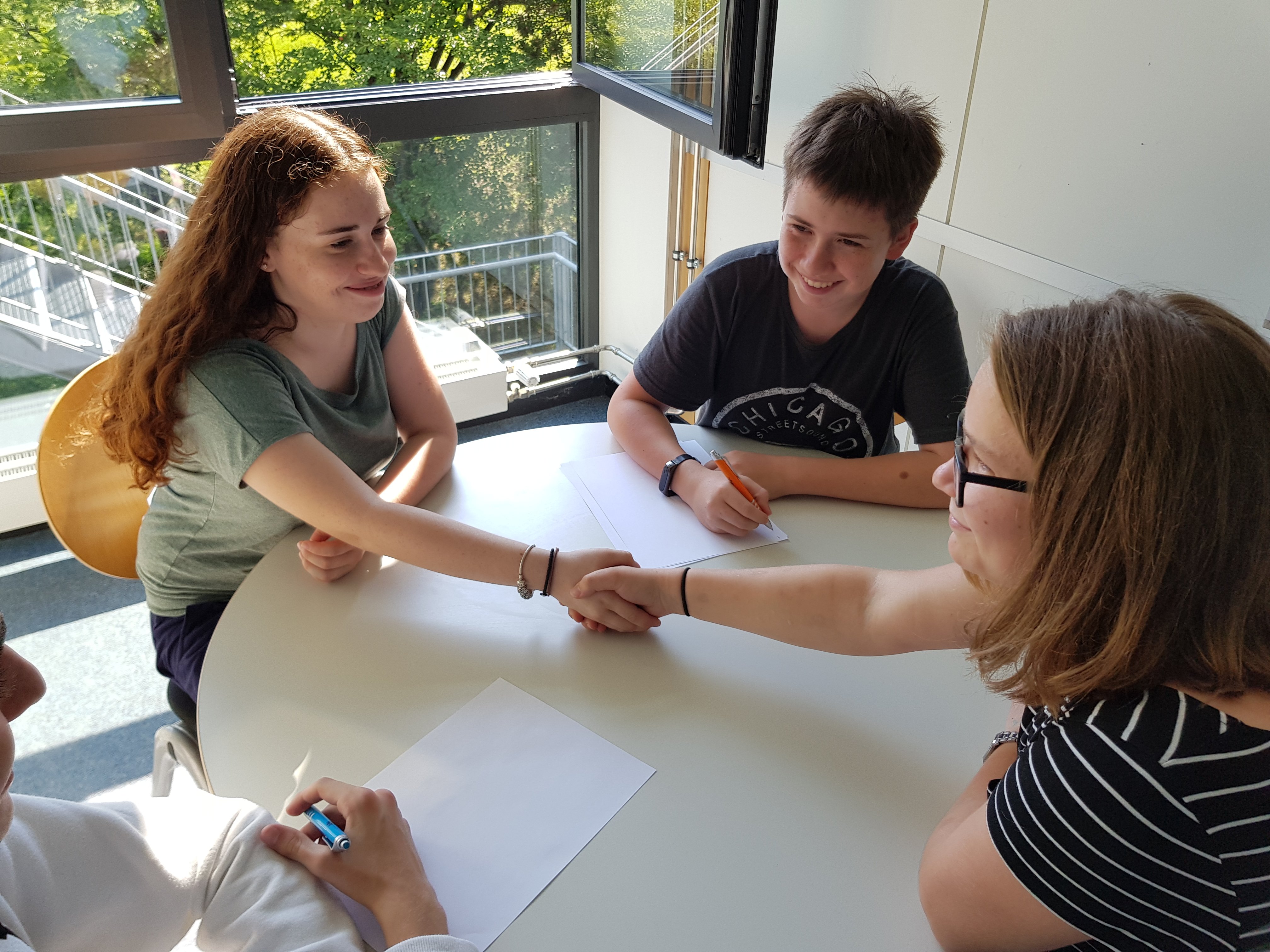 Die Streitenden geben sich nach der erfolgreichen Schlichtung die Hand.